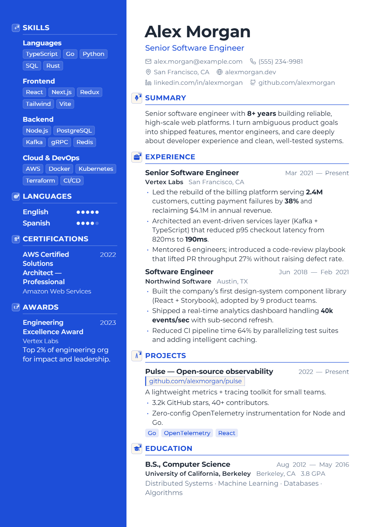 A full résumé page in the Prism template: two column · creative · modern · photo