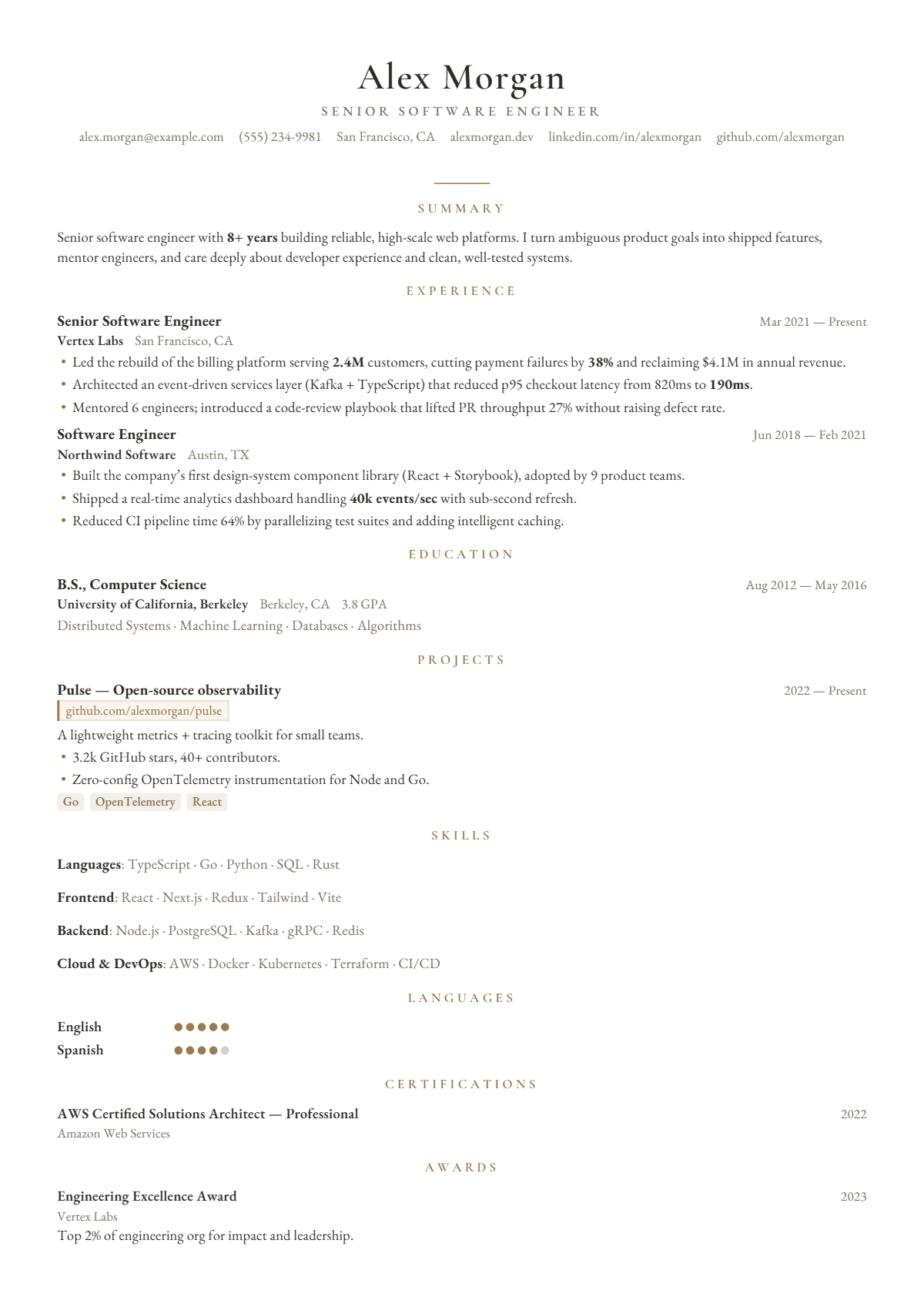 A full résumé page in the Lumière template: single column · elegant · minimal
