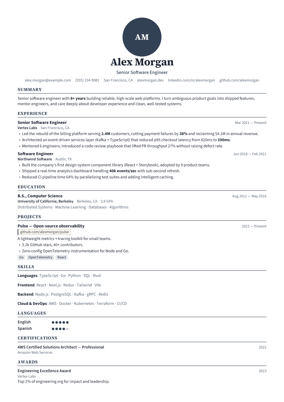 A full résumé page in the Emblem template: single column · classic · premium