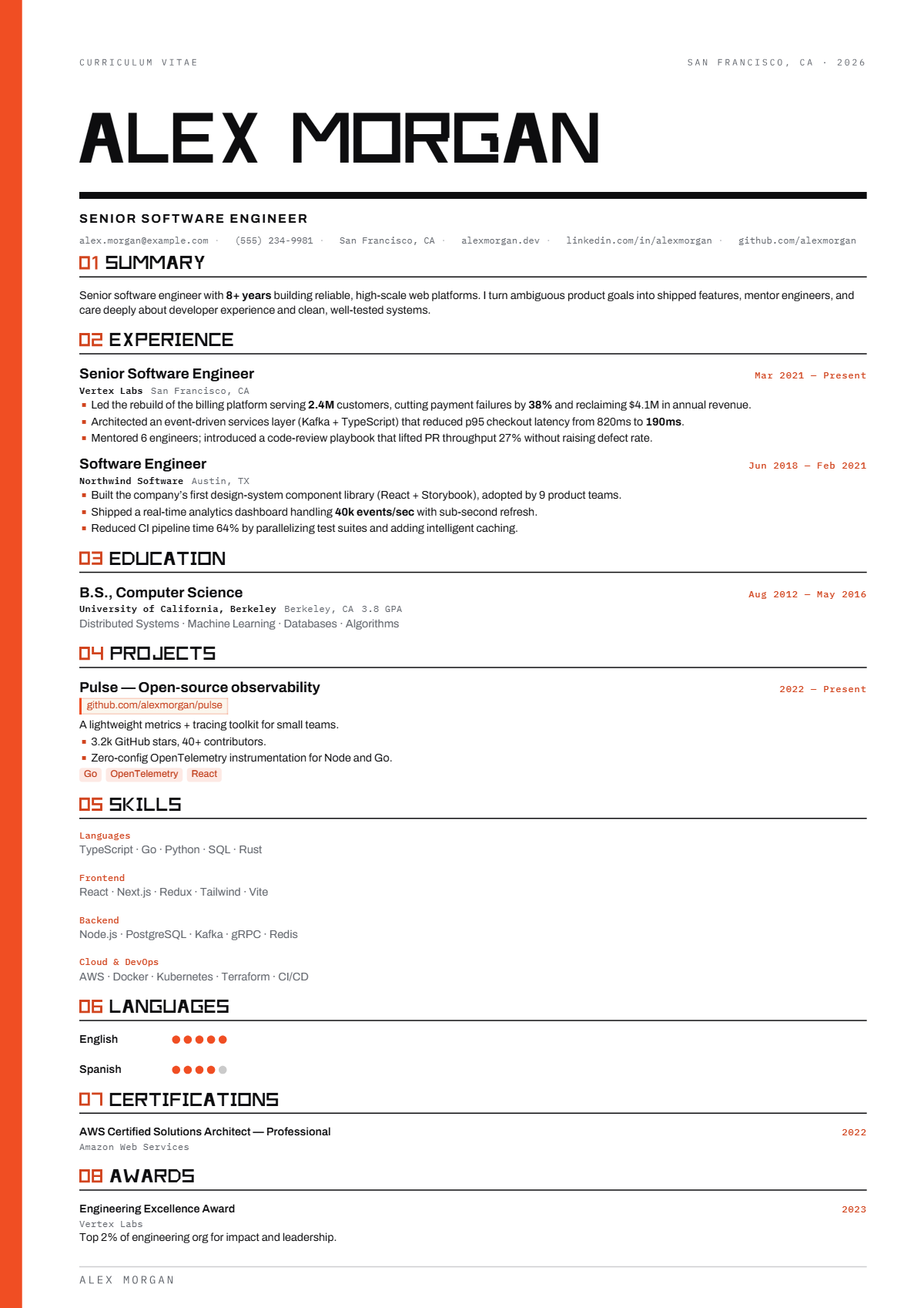 A full résumé page in the Flare template: signature · single column · modern · technical · premium