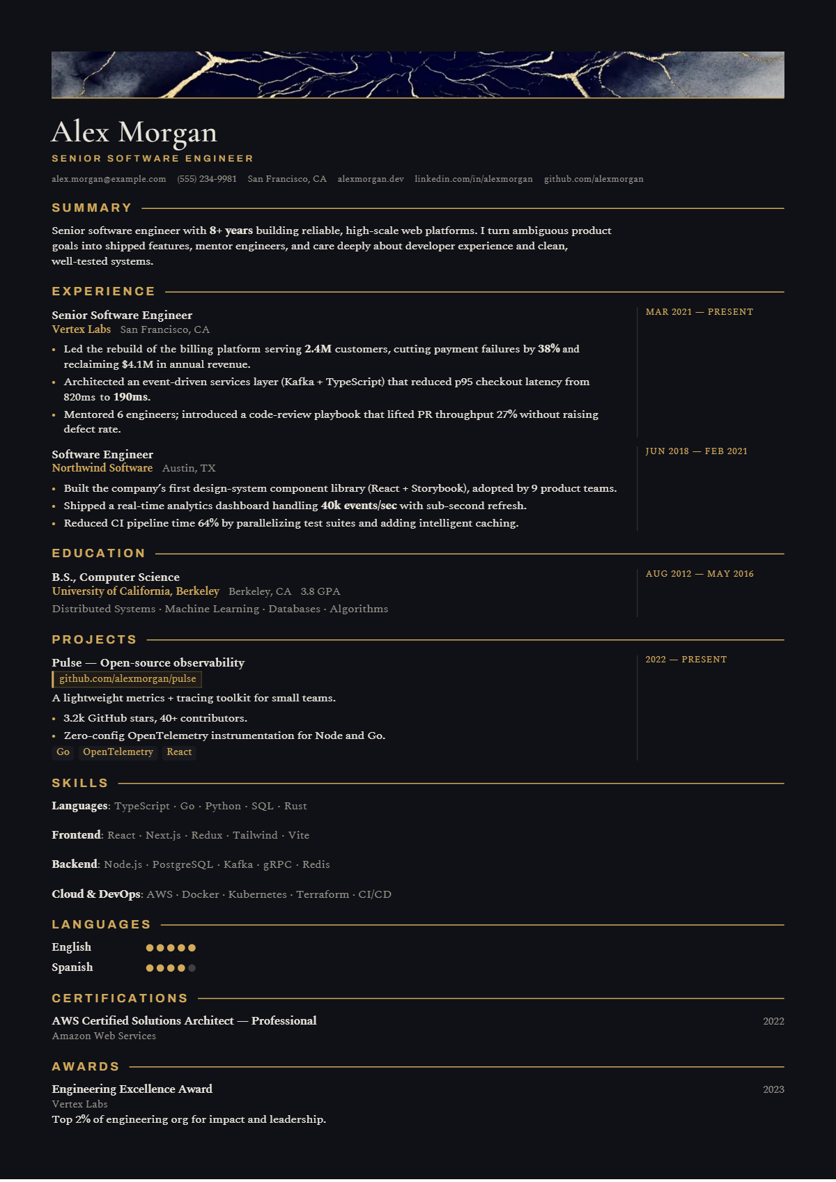 A full résumé page in the Folio Noir template: signature · single column · creative · elegant · premium