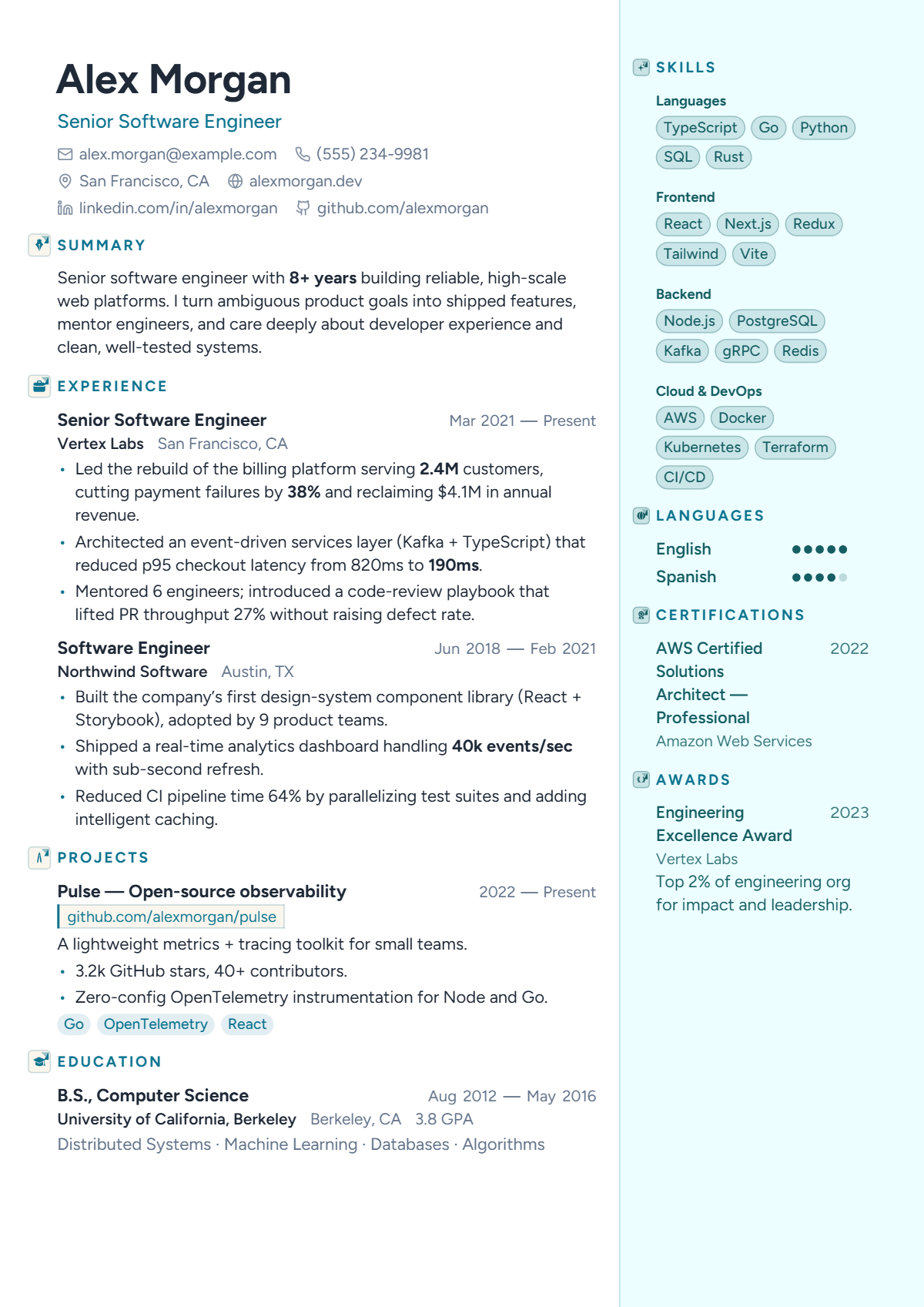 A full résumé page in the Halcyon template: two column · modern · photo