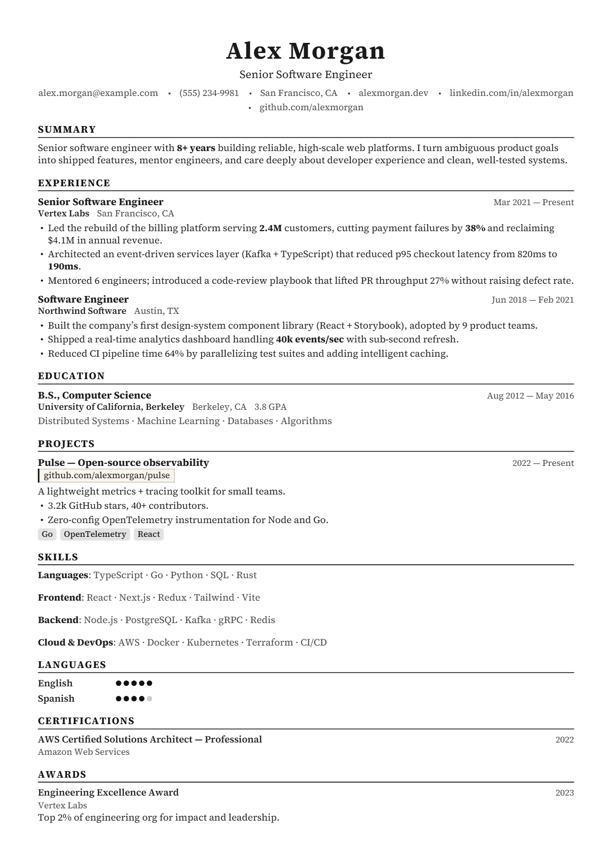 A full résumé page in the Harvard template: single column · classic