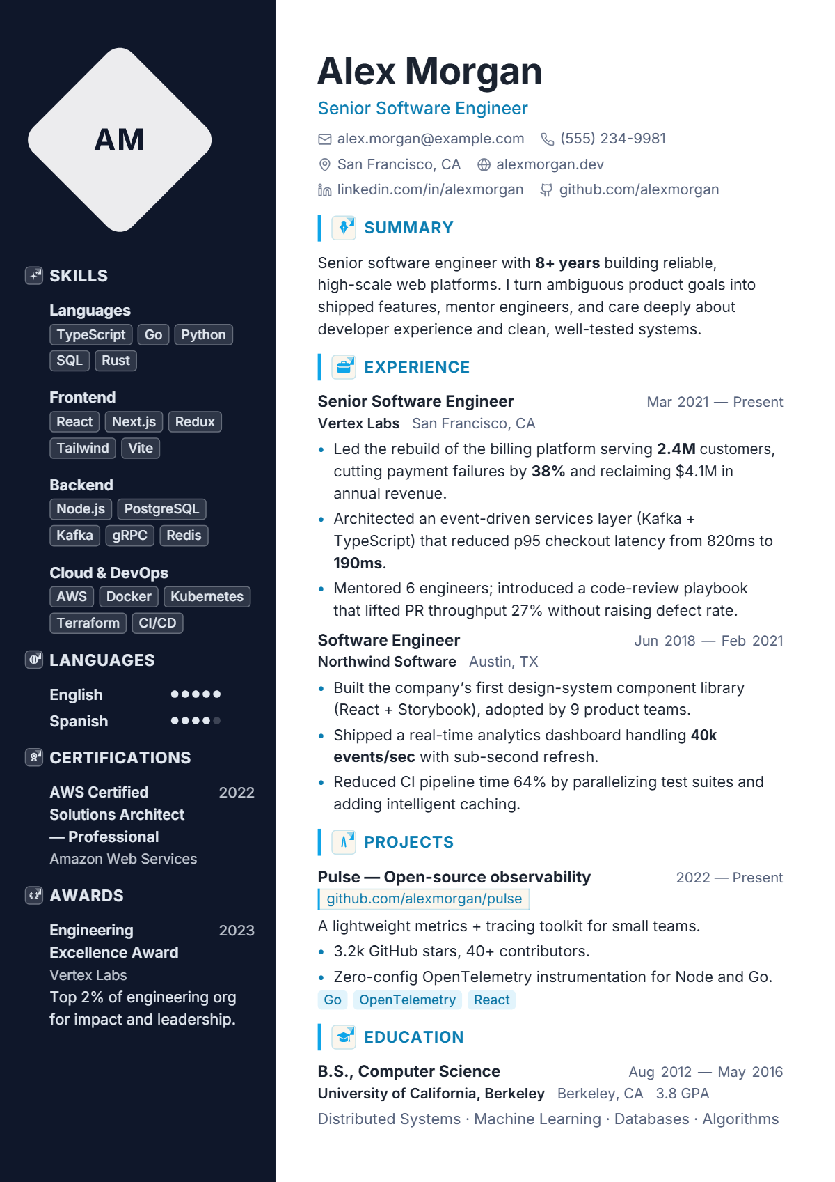 A full résumé page in the Initials template: two column · modern · premium