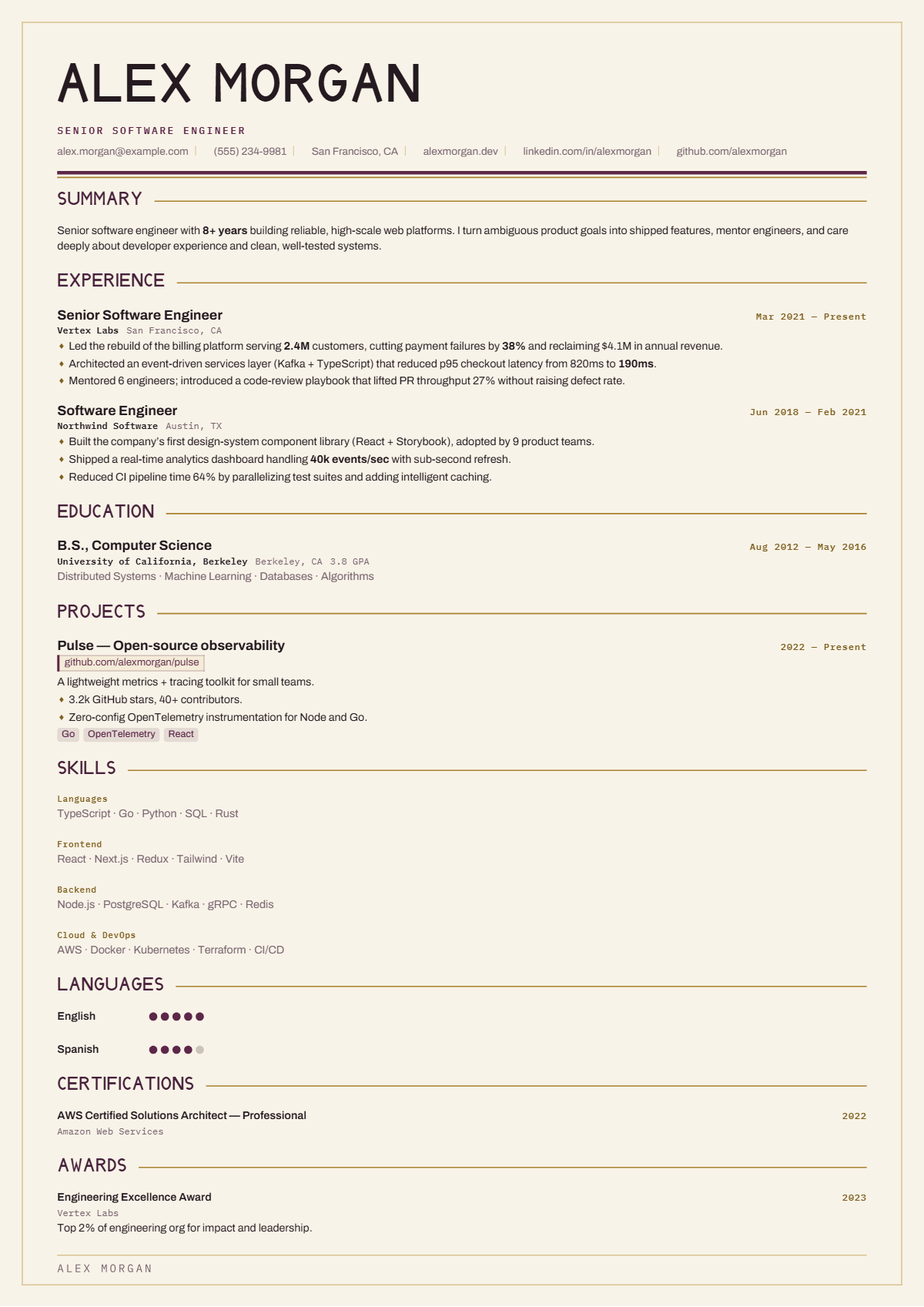 A full résumé page in the Keystone template: signature · single column · classic · elegant · premium