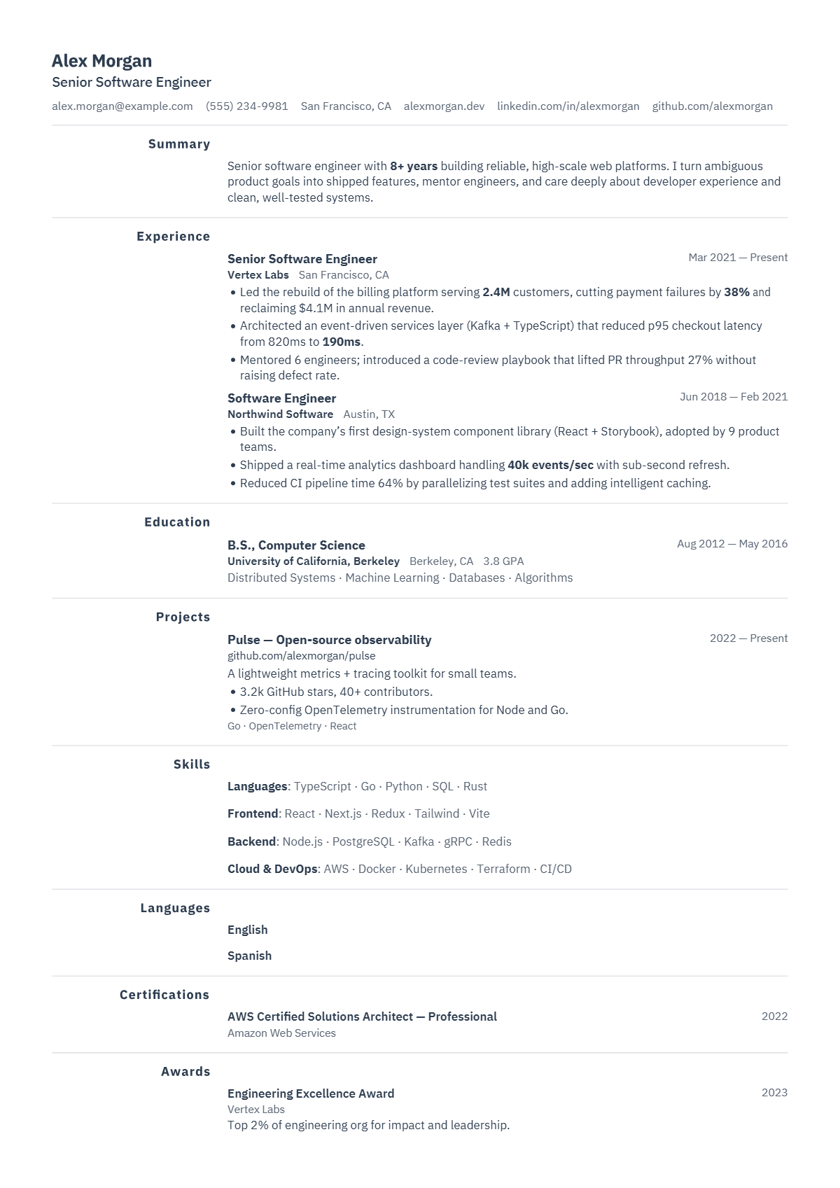 A full résumé page in the Margin template: single column · bare · technical
