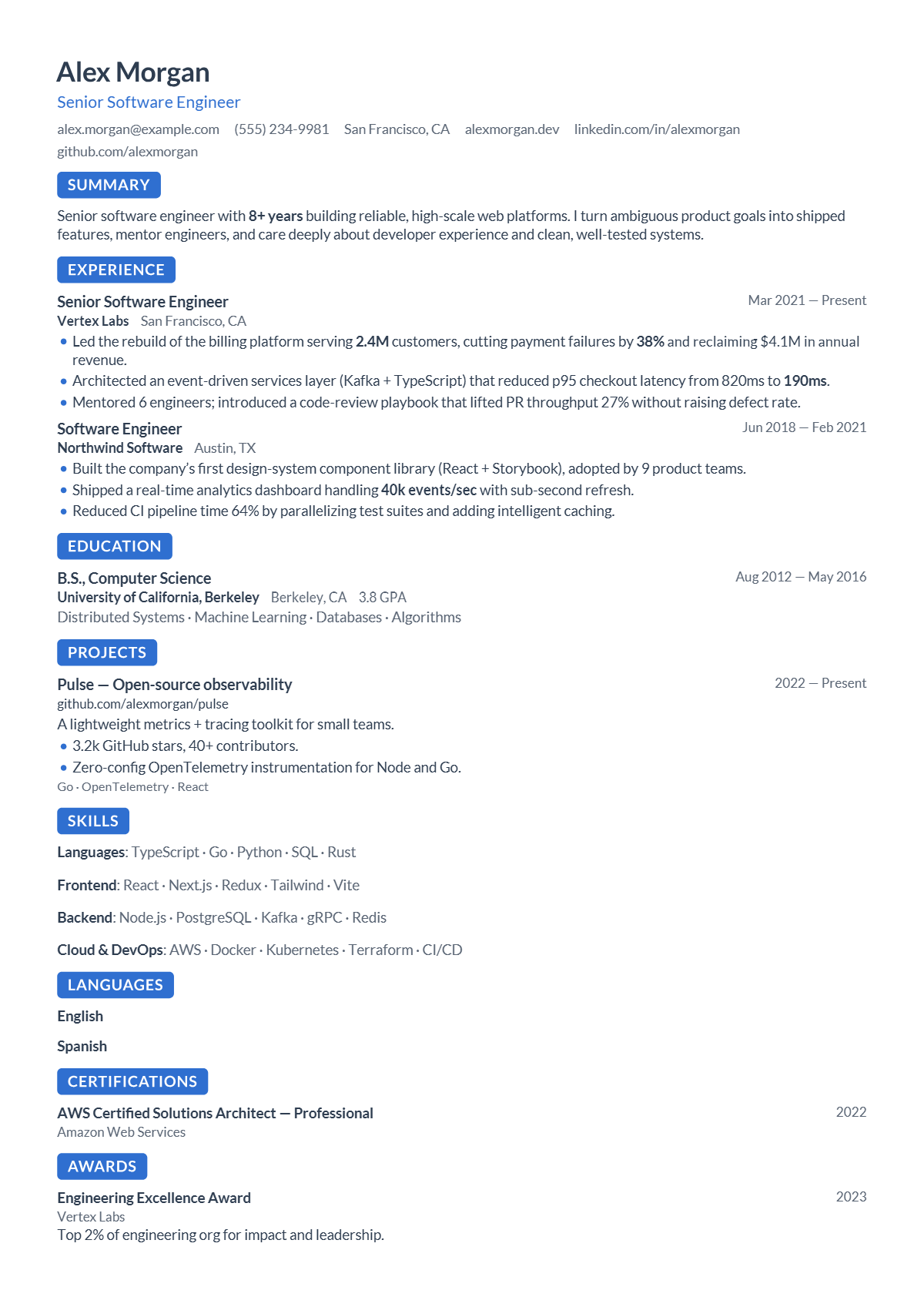 A full résumé page in the Marker template: single column · bare · modern