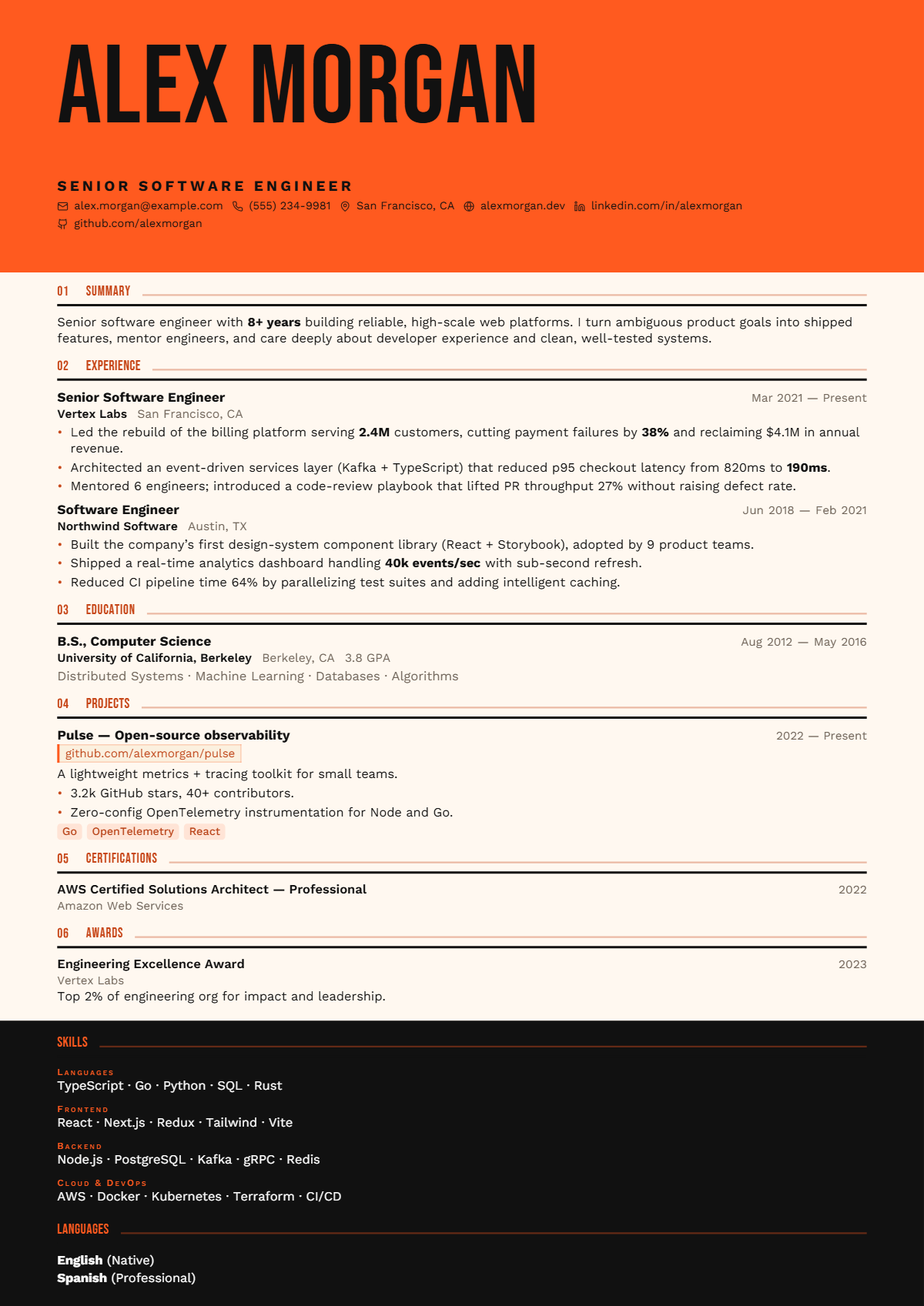 A full résumé page in the Marquee template: signature · single column · creative · premium