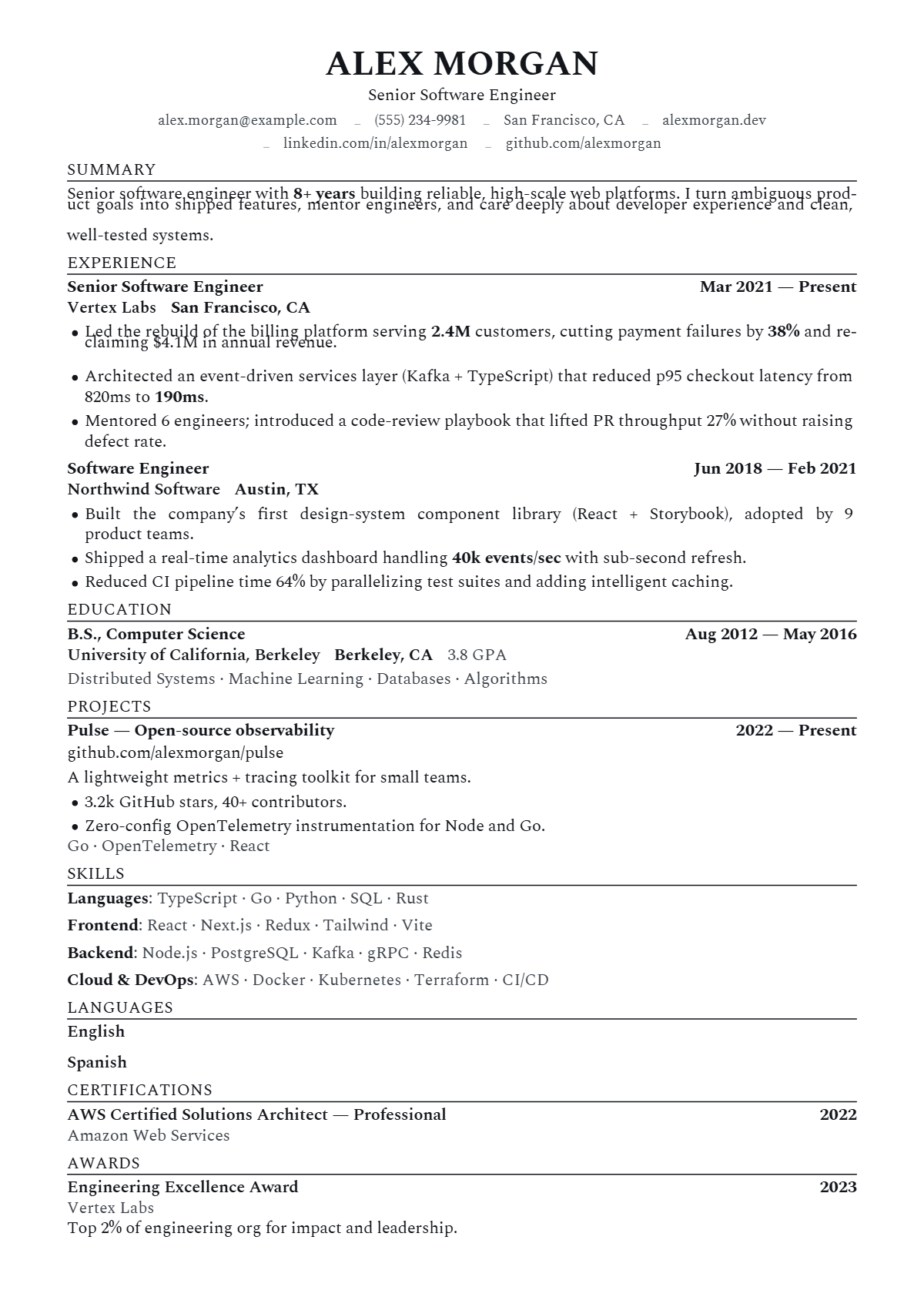 A full résumé page in the Measure template: single column · bare · classic
