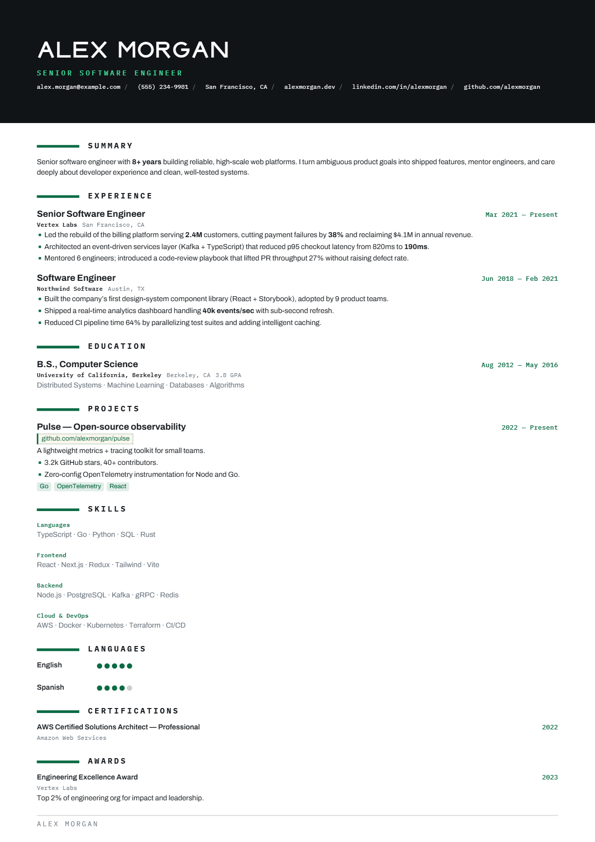 A full résumé page in the Meridian template: signature · single column · modern · minimal · premium