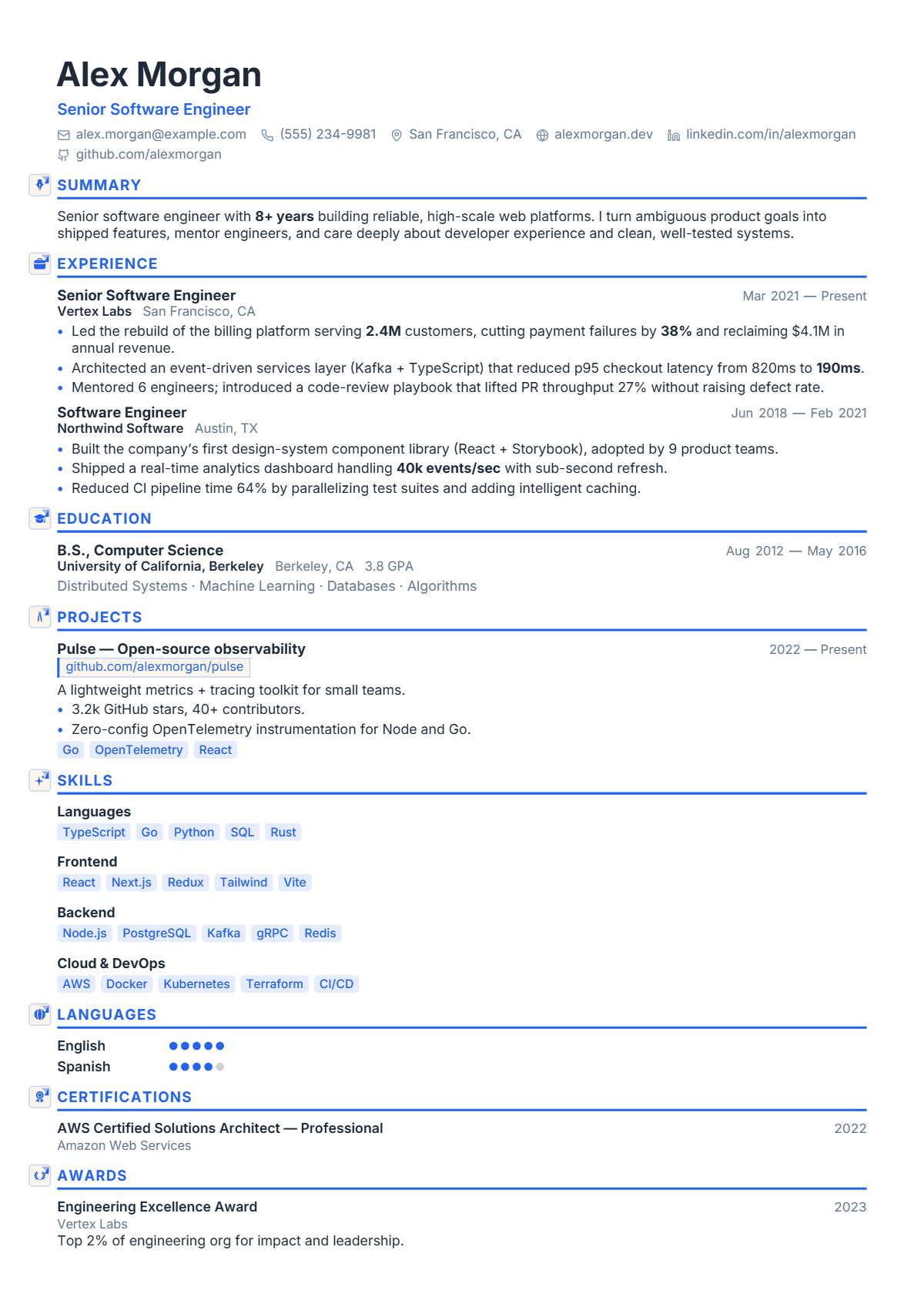 A full résumé page in the Aria template: single column · modern
