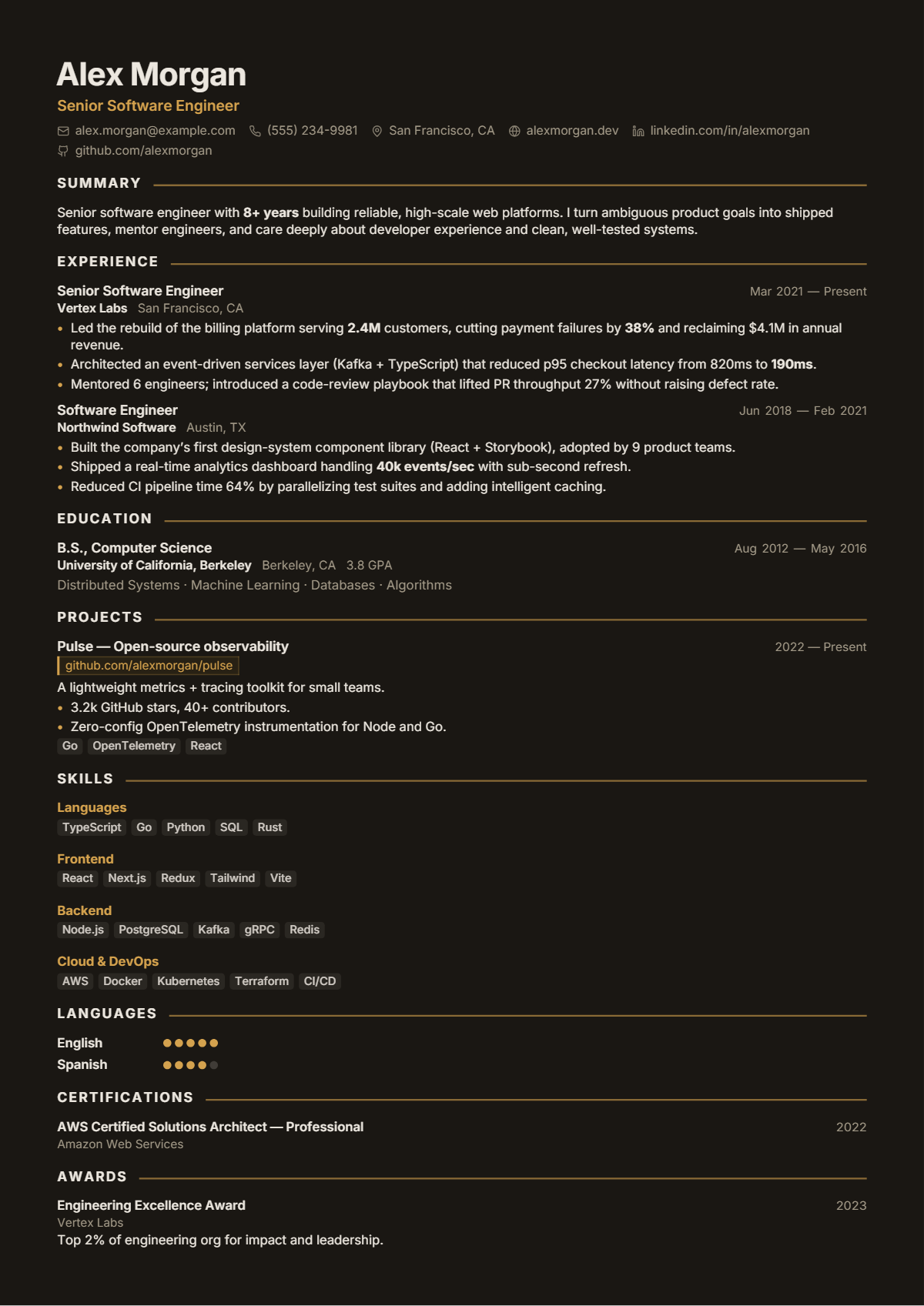 A full résumé page in the Onyx Gold template: single column · creative · premium