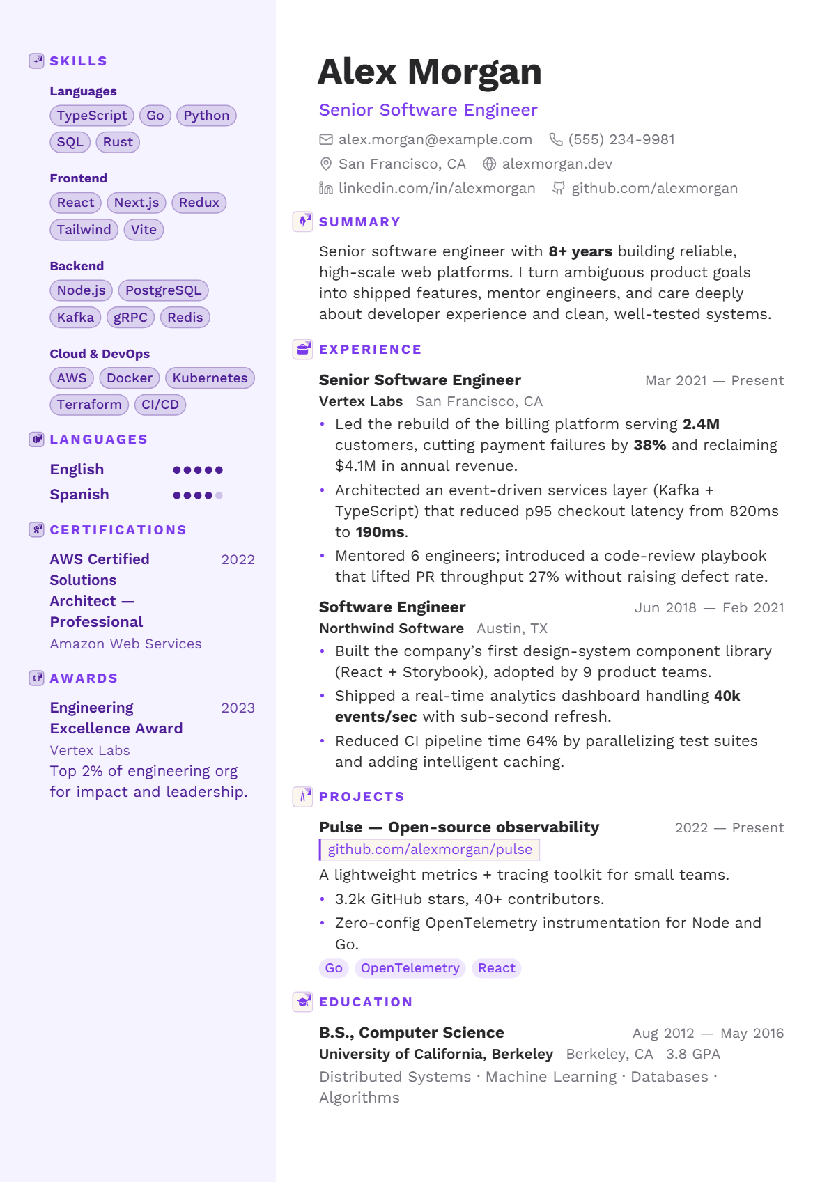 A full résumé page in the Opal template: two column · photo · modern · elegant