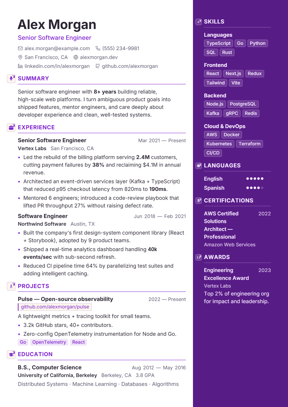 A full résumé page in the Orchid template: two column · creative · premium · photo