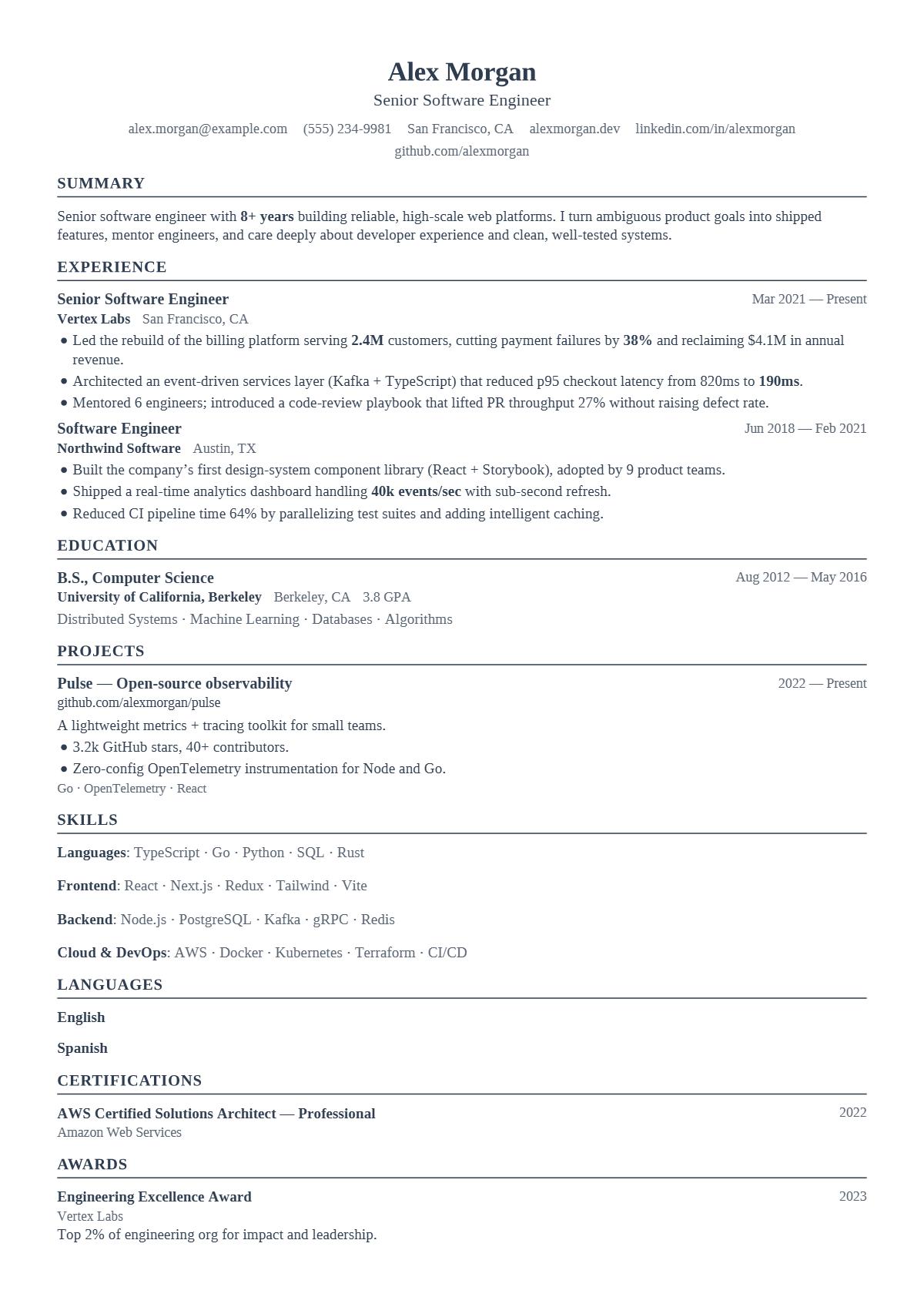A full résumé page in the Plainsong template: single column · bare · classic