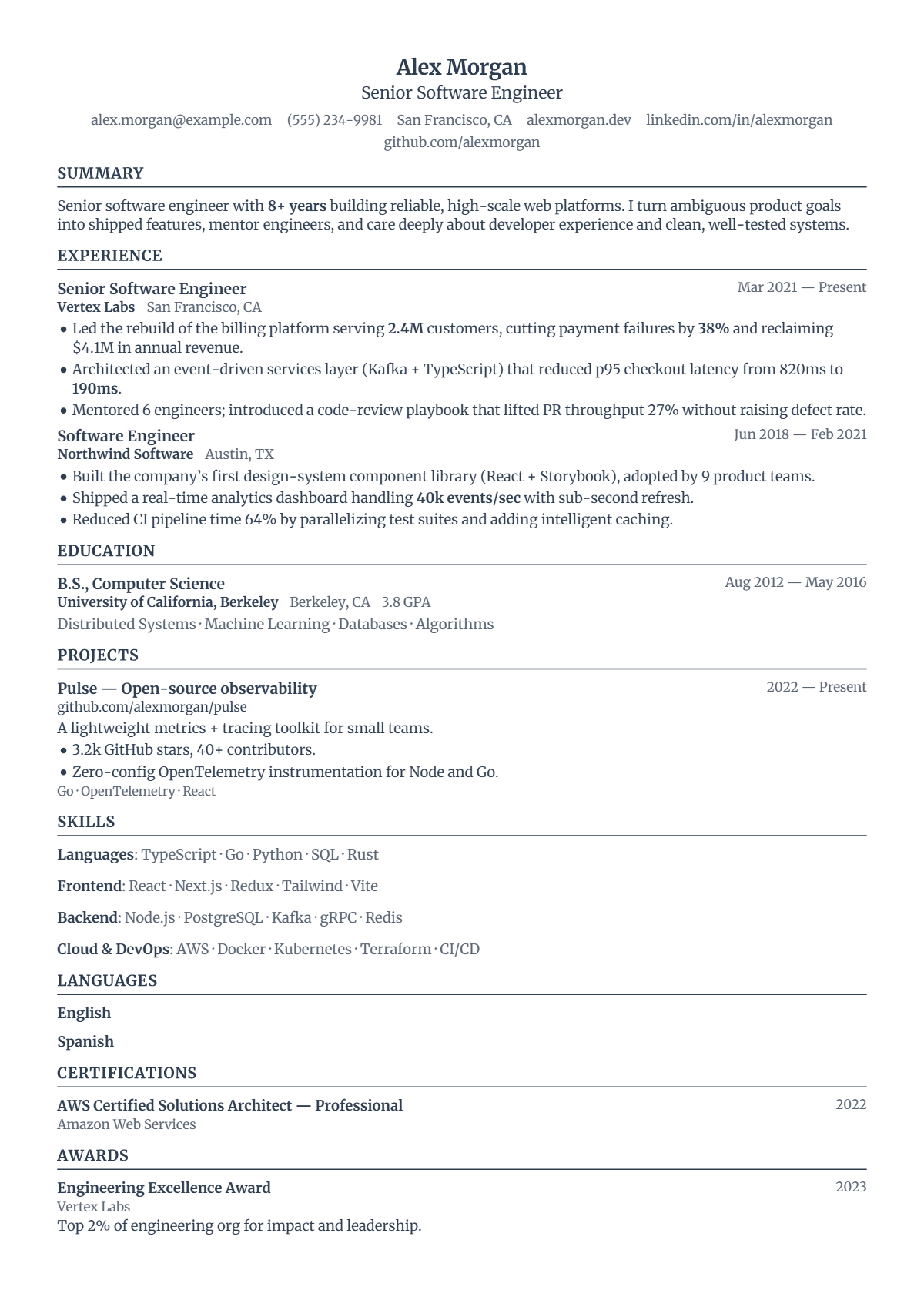 A full résumé page in the Quire template: single column · bare · compact