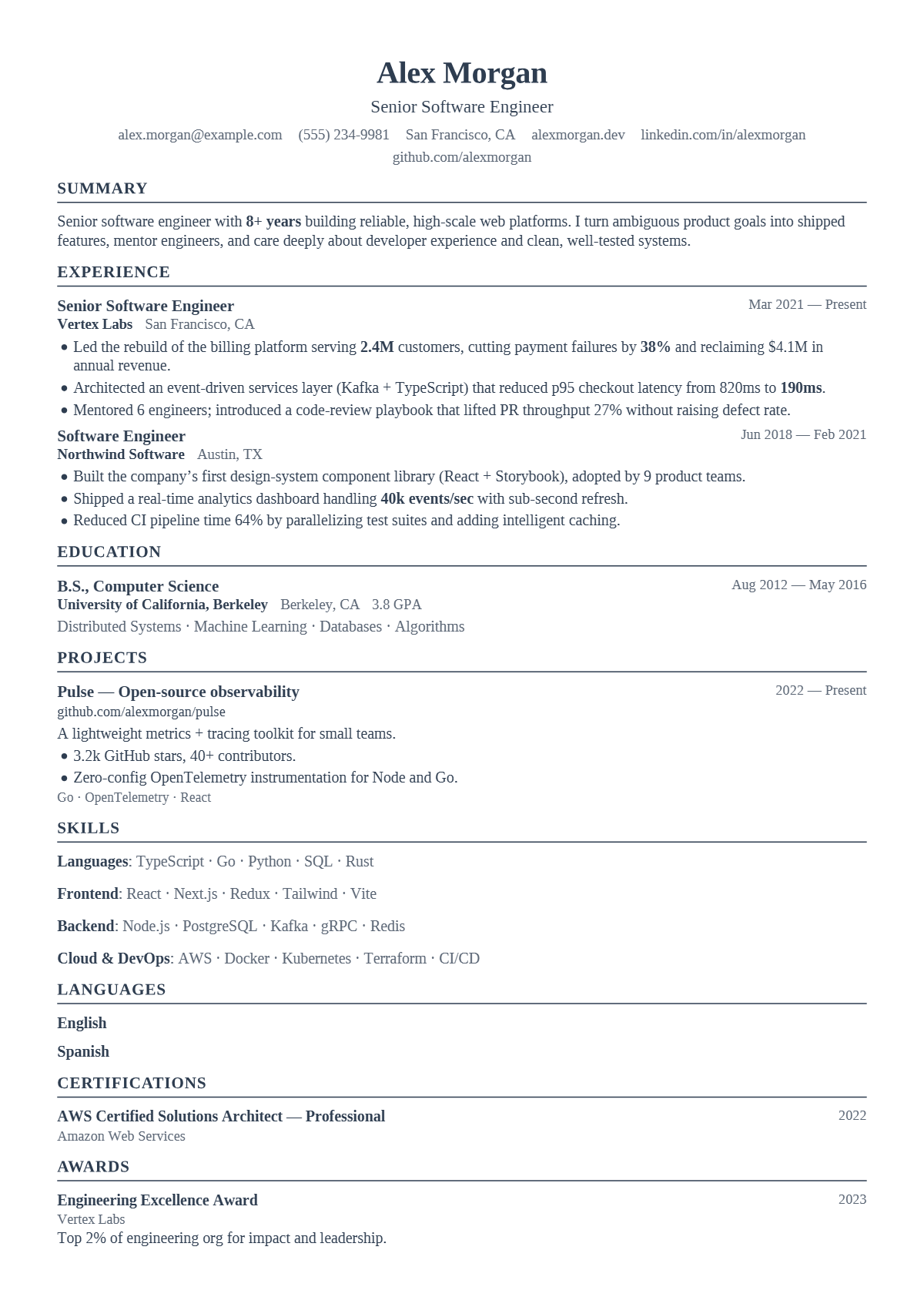 A full résumé page in the Scribe template: single column · bare · classic