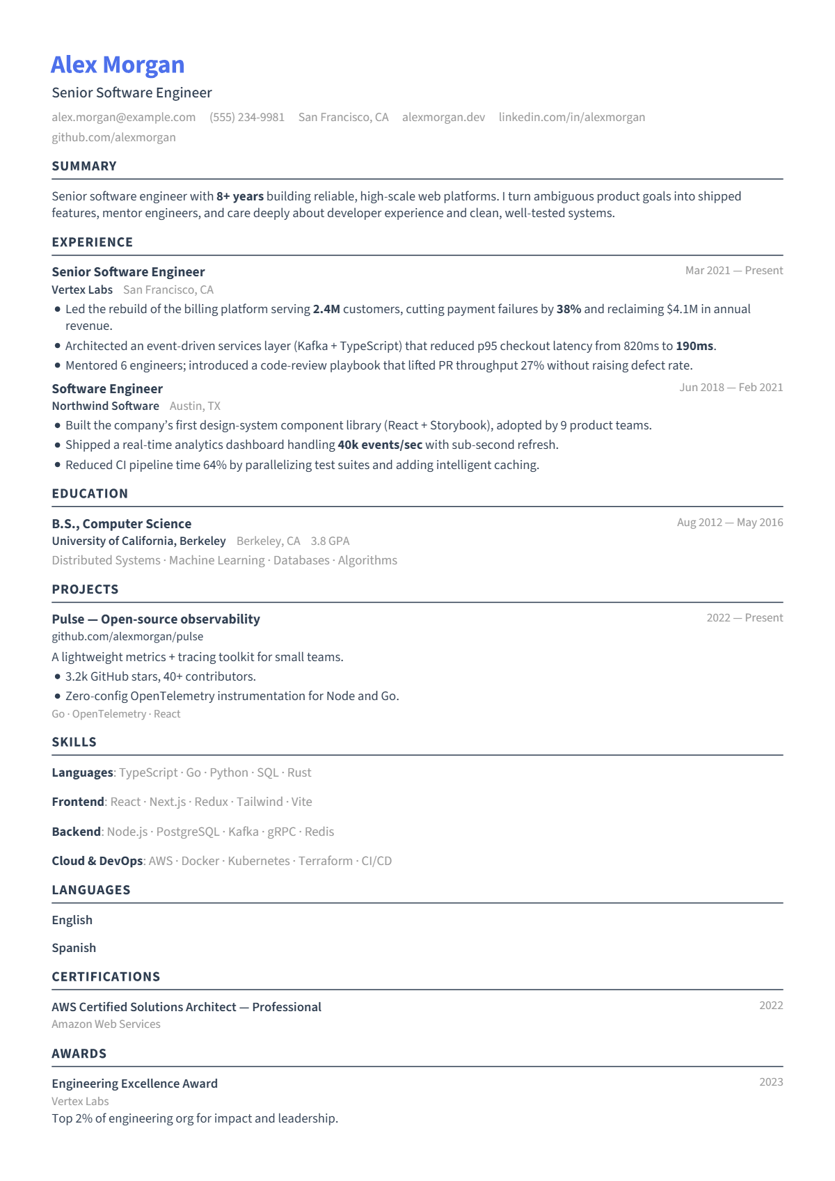 A full résumé page in the Signal template: single column · bare · modern