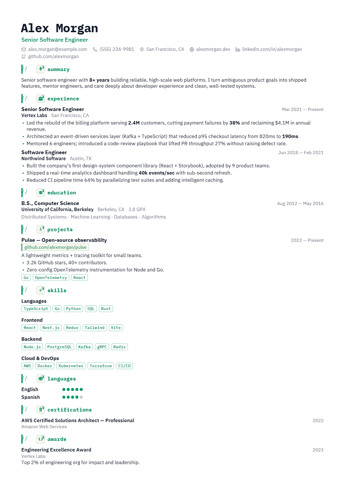 A full résumé page in the Terminal template: single column · technical