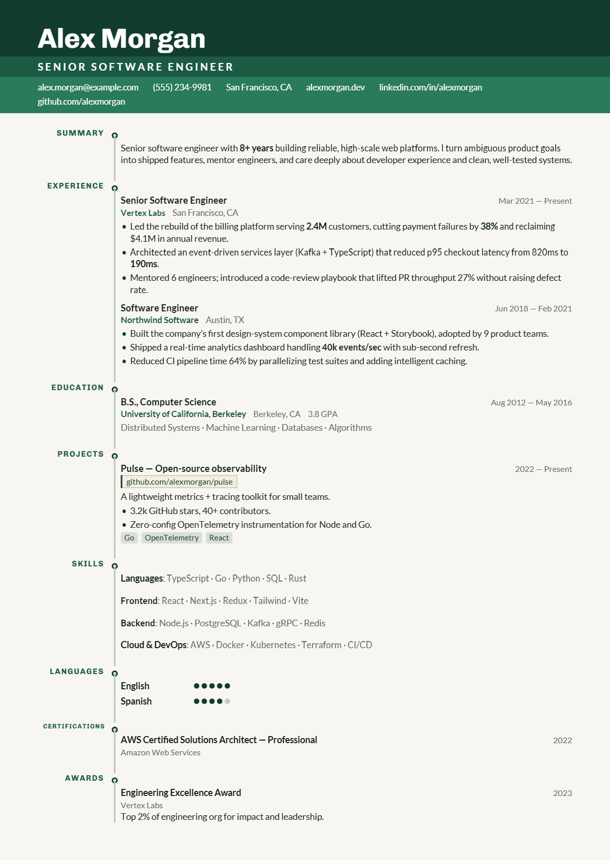A full résumé page in the Terrace template: signature · single column · modern · elegant · premium