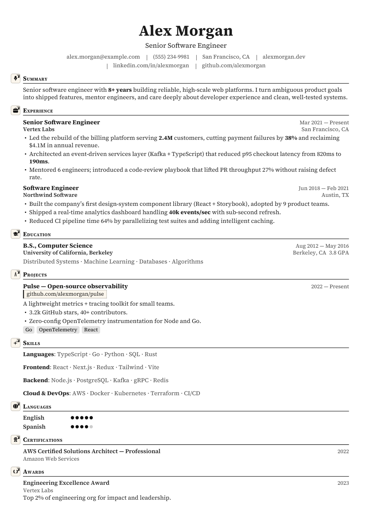 A full résumé page in the Vector template: single column · technical · classic