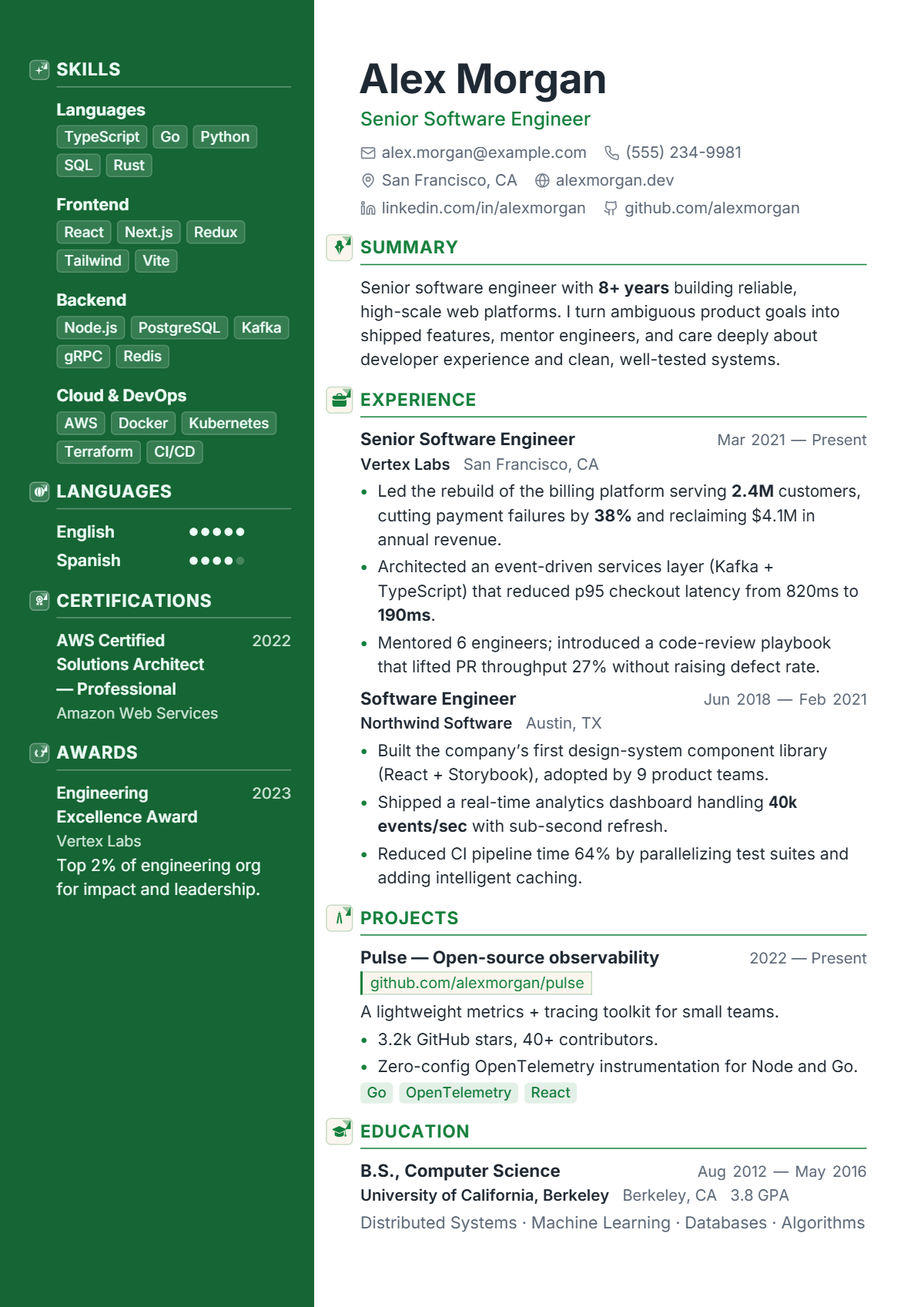 A full résumé page in the Verde template: two column · modern · premium · photo