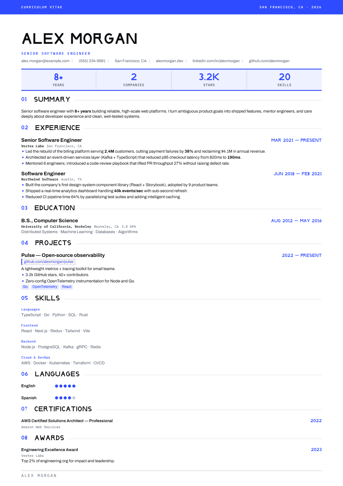 A full résumé page in the Volta template: signature · single column · modern · technical · premium