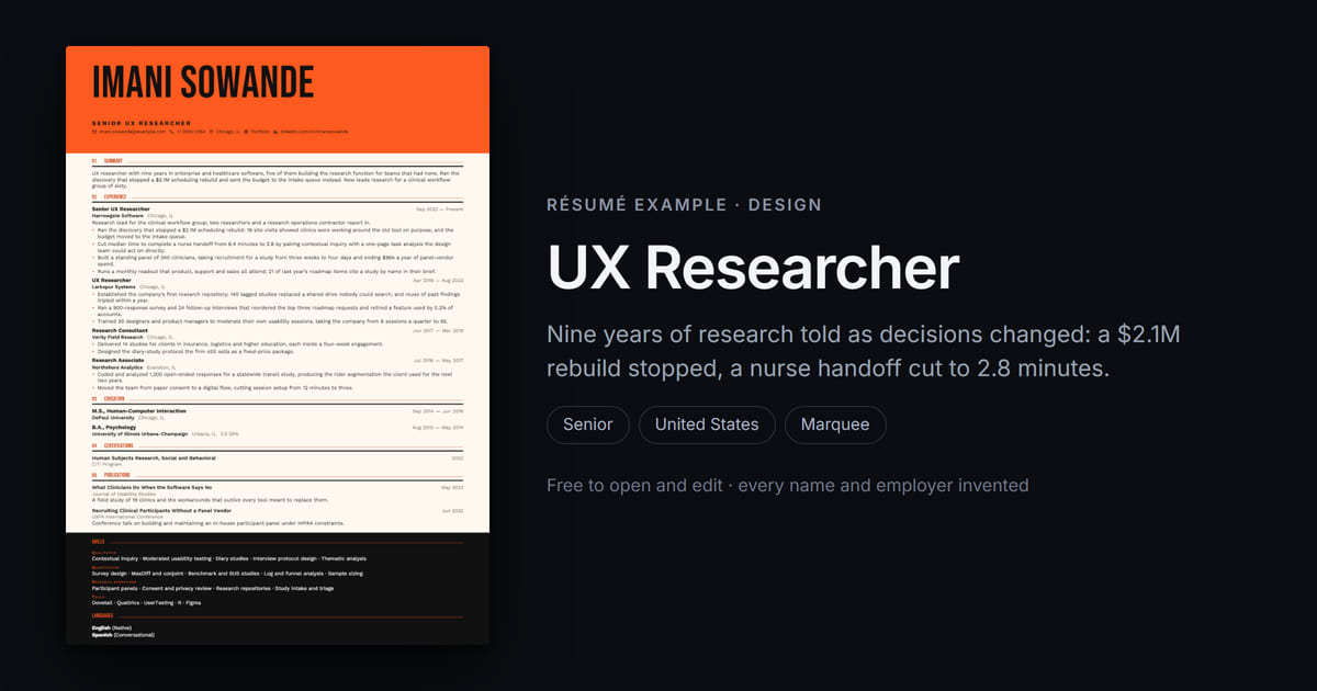 UX Researcher Résumé Example — Free Template You Can Edit · CVAurum